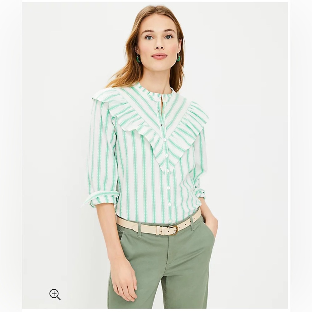 LOFT Women's Size Medium Dobby Stripe Ruffle Blouse Green White Cottagecore